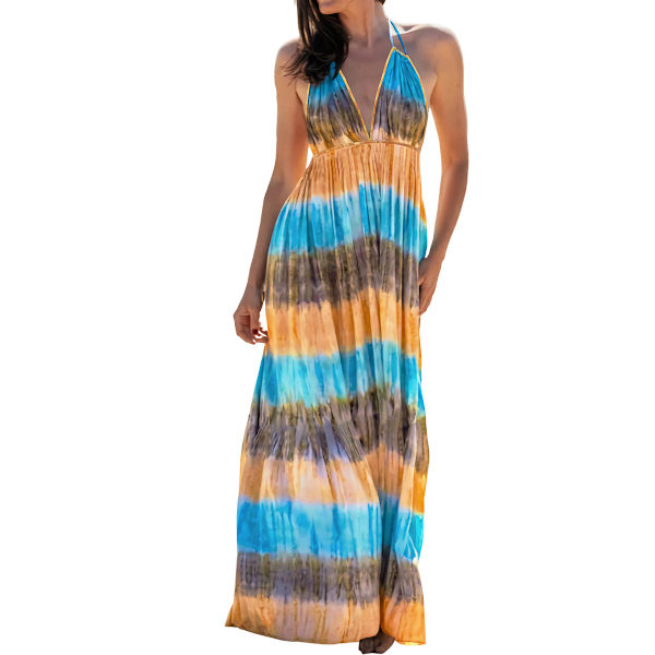 Women Maxi Dress Sexy Backless Deep V Halter Sleeveless Tie-dye High Waist Casual Long Boho Beach Dress