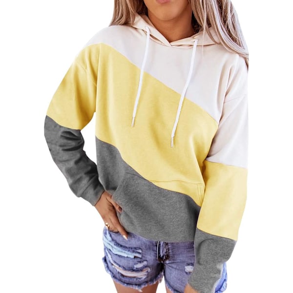 Dame Langærmet Farveblok Hoodie Tops Sød Casual Snøre Løstsiddende Let Tunika Trøje Yellow Large