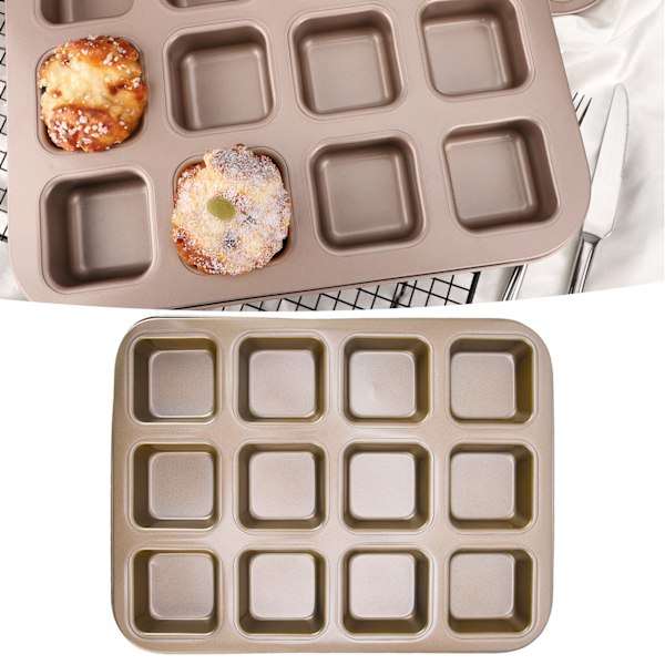 Mini Brødform 12 Hul Brownie Bageform Kulstofstål Muffin Bageudstyr Cupcake Brøddeler Form Guld