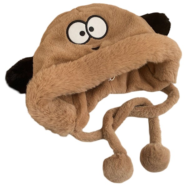 Cute Soft Big Eyed Little Dog  Women Riding Bicycles in Winter Keep Warm Ear Protection with Lace Up Plush Hat Khaki