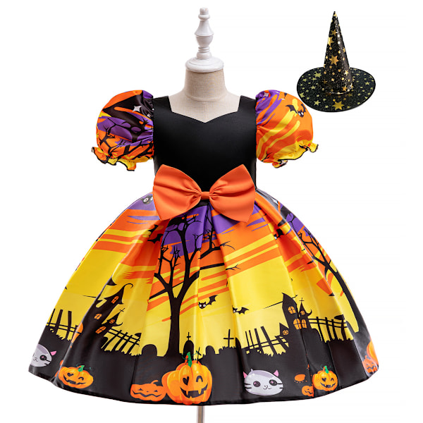 Halloween-kostym för flickor med häxhatt, barnfestdräkt, cosplay-kläder, spök-pumpa-skalle-tryckt klänning