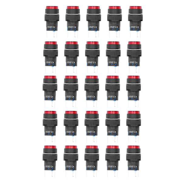 25 stk 16mm 5-pins trykknappbryter Rund Selvlysende Strømbrytere med Lys 220V Rød