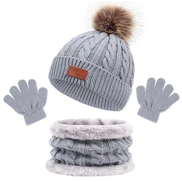 Kids Winter beanie Hat Warm Knit Thick Ski Cap With pompom And Scarf Gloves Set For Girls Boys