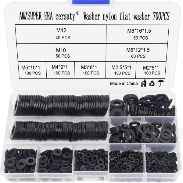 700 kpl Rondelle Nylon Noir Haute Qualité Spacer Assortiment Kit