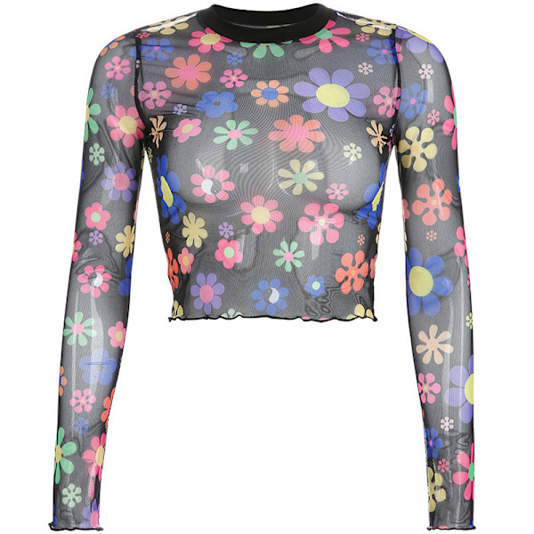 Dame Print Mesh Crop Topp - Avslappet, Stretch, Mock Neck T-skjorte