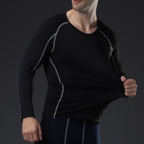 Långärmad Base Layer Löpning Topp Herrar Fitness T-shirt Löpning Sport Träning Snabbtorkande Andningsbar Långärmad Stretch Tights (Svart, L)