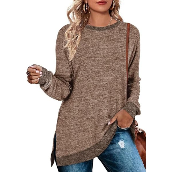 Dametrøje med rund hals, lange ærmer, tunika top, sweatshirt brown L