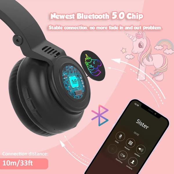 Enhörning Bluetooth-hörlurar, trådlösa/trådbundna barnhörlurar med LED-lampor, för iPad/Kindle/surfplatta (svart)