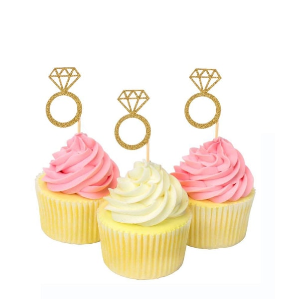 50 Pack Cupcake Toppers Gold Glitter Mini Diamond Ring Cakes