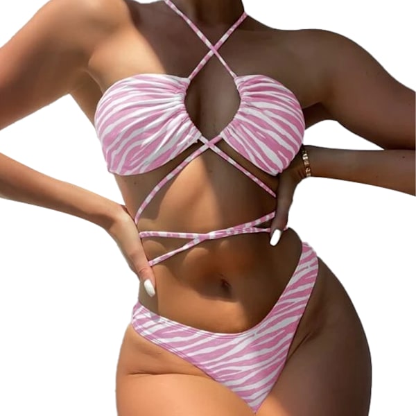 Women's Sexy Strap Halter Cross Front High Cut Thong 2 Piece Bikini Set Swimsuit,Pink,M