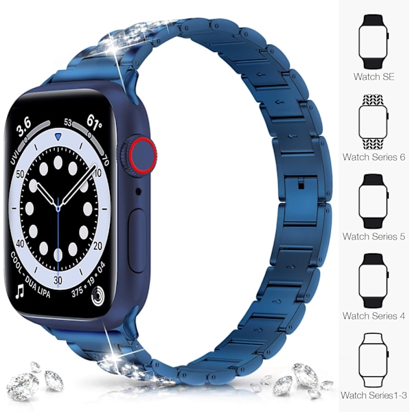 Band 38mm 40mm 42mm 44mm iWatch SE Serie 6 Serie 5 4 3 2 1, Bling Erstatningsarmbånd iWatch Band, Diamant Rhinestone Rustfritt Stål Metall Blue 38mm/40mm