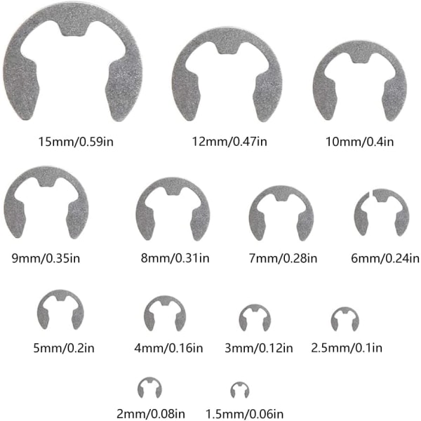 Låseringe, 400 stykker 1,5-15 mm E-clips i rustfrit stål med opbevaringsboks, spændingssortiment, intern låsering, e-clip ekstern snaplås