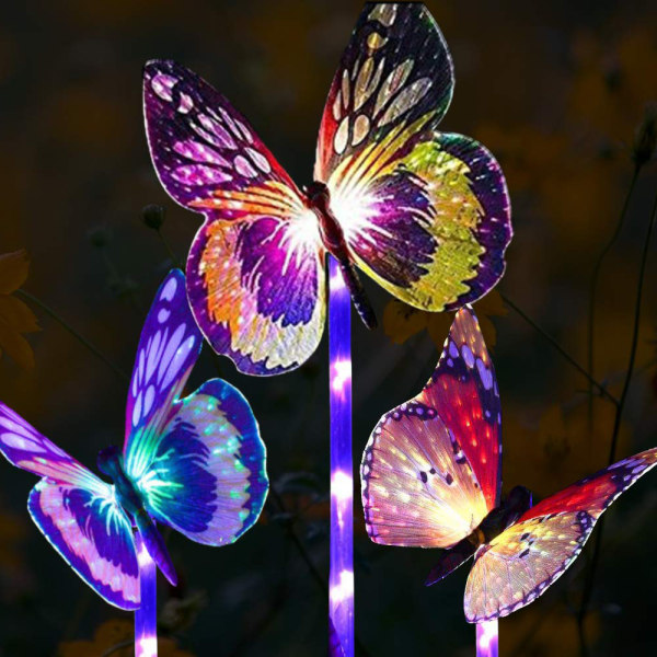 Solar Garden Lights-3-pack Solar Stake Light Multi-Color Change LED Trädgårdslampor, fiberoptiska fjärils dekorativa lampor, Solar Powered Stake