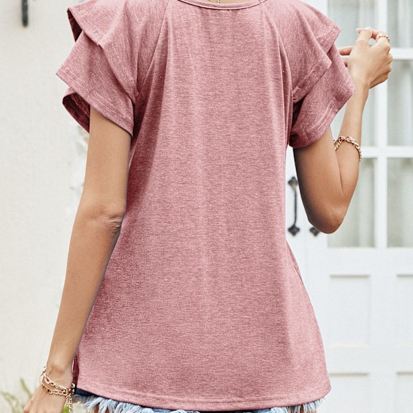 Pink M Kvinder Top V-hals Kort Dobbelt Lag Ruffle Ærme Almindelig Løst Afslappet Behagelig Sommer T-shirt