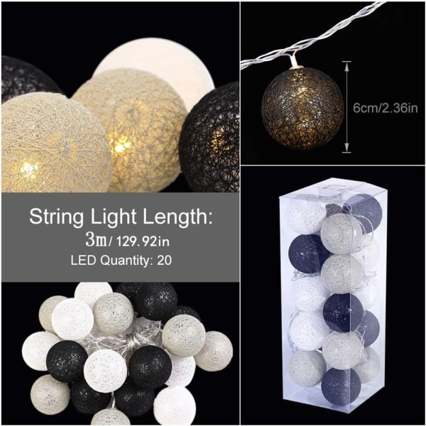 Cotton Ball Lichterkette - 3m 20 LED Kugel Lichterkette für Indo