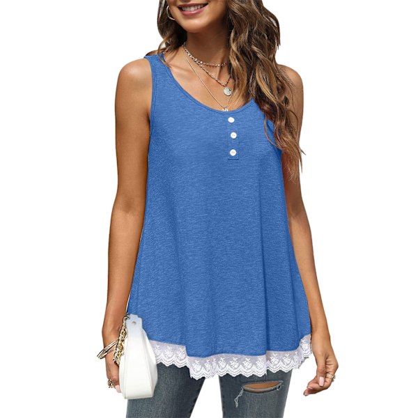 Blue M Women Tank Top Scoop Neck Lace Trim Casual Bottoned Loose Hem Pure Color Summer Sleeveless Shirt