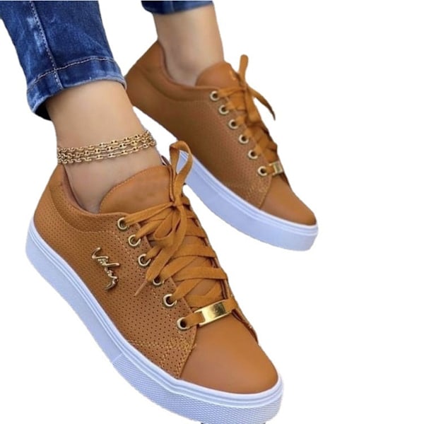 Thick Sole Cross Border Fashion Women Shoes Fashionable ladies sneakers, lace-up, stylish walking shoes, comfortable platform sneakers Light brown 38