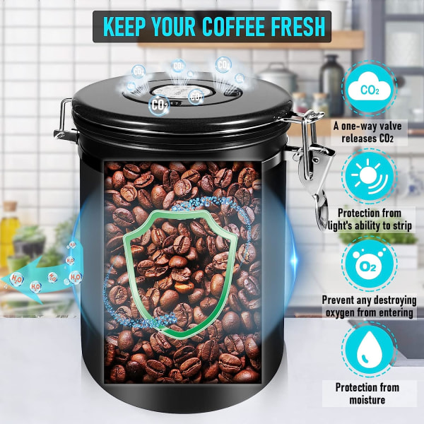 Kaffebeholder, lufttett kjøkkenmatoppbevaring i rustfritt stål