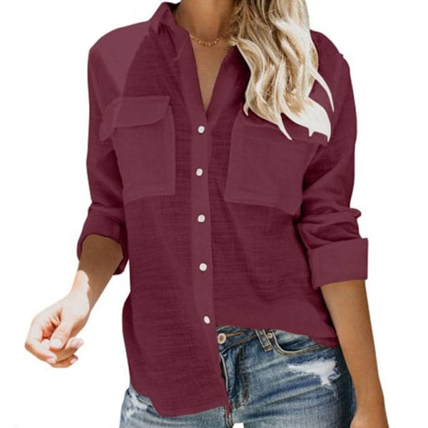 Women Long Sleeve Blouse Pure Color Button Closure Turn Down Collar V Neck Shirt Tops with Pockets Burgundy XL