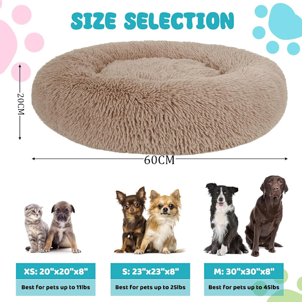 Anti-Angst Varmende Koselig Myk Donut Hundebed, Fluffy Kunstig Pels Pluss Hundebed for Mellomstore Hunder, Maskinvaskbar