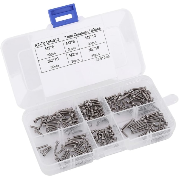 M2 Box of 180pcs DIN912 Assortment Screw Bolt Cylindrical Countersunk Head Hexagon Socket in Stainless Steel 304, M2 x 4/6/8/10/12/16mm