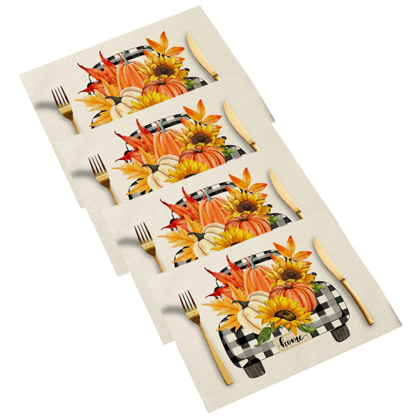 Pumpkins Eucalyptus Leaves Fall Placemats Set of 4, 12x18 Inch Autumn Thanksgiving Holiday Table Mats for Party Kitchen Dining Decor