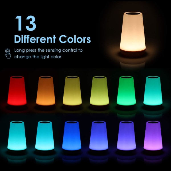 LED, fargerik nattlampe, berøringsnattlampe med 13 skiftende farger, oppladbar bordlampe med varmt hvitt lys for soverom, babyrom og stue