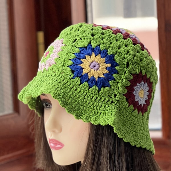 Hatt för Kvinnor Handgjord Bucket Hat Slapp Fiskarekeps Retro Stickad Solhatt Strand Blommig Bucket Hat Söta Hattar