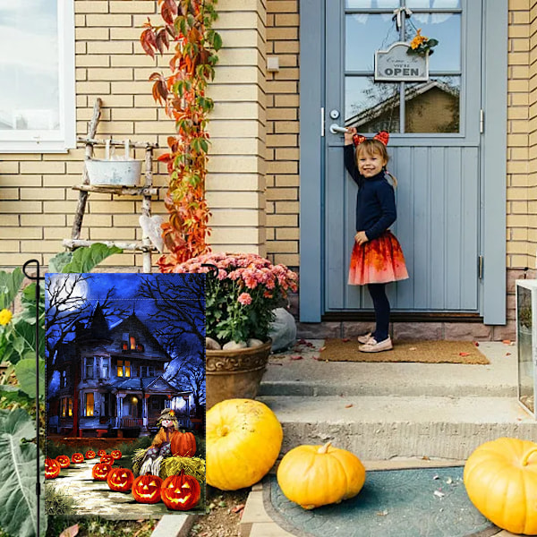 Dobbeltsidet Haveflag af Burlap med Gysende Græskar-Skræmmefugle, Spøgelsesagtige Slotte, Glad Halloween Haveflag til Udendørs Dekoration Hjem Have