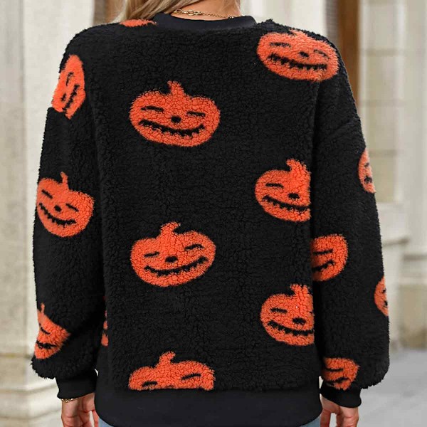 Halloween Kostume Sweatshirt til Kvinder Puftet Plys Crewneck Toppe Sjove Græskar Trykte Langærmede Sweatre