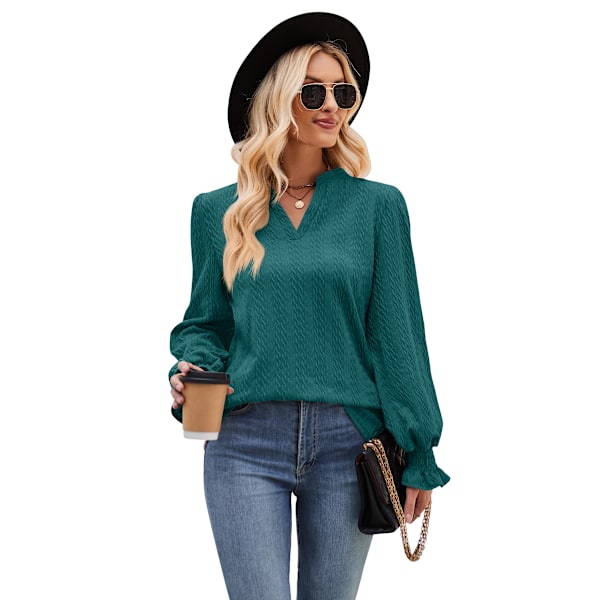 Elegante damebluse med lange ermer, V-hals, tunika topp malachite green XL