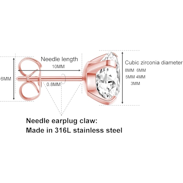5 Par Stud Øreringe Sæt, Hypoallergenisk Kubisk Zirkonia 316L Øreringe Rustfrit Stål CZ Øreringe 3-8mm
