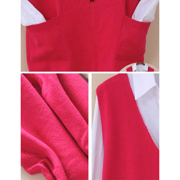 Dam V-ringad Ärmlös Pullover Stickad Koftan Ytterplagg Hög-Låg Toppar med Fickor Rose Red Large