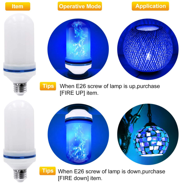 Led Flame Effect Glödlampa, 4 lägen Flame Lights Glödlampor, E26 Bas C# 2 Pack of Blue