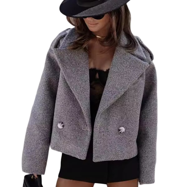 Women's Cropped Wool Coat Notch Lapel Blazer Jacket Business Casual Winter Wool Blend Pea Coat