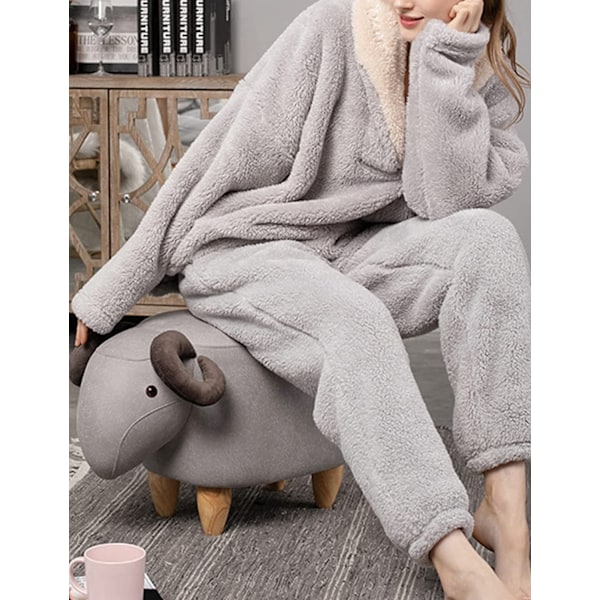 Dames Coral Fleece Pyjamas Flanel Nattøj Blødt Pyjamas Sæt Varmt Loungewear 2 Dele Pjs Sæt[Lysegrå,Stor]