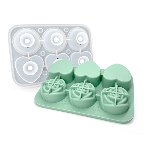 3 Rose and 3 Heart Ice Cube Trays, Silicone Ice Cube Tray with Clear Funnel-Shaped Lid, Novelty Rose Ice Cube Mold, Green