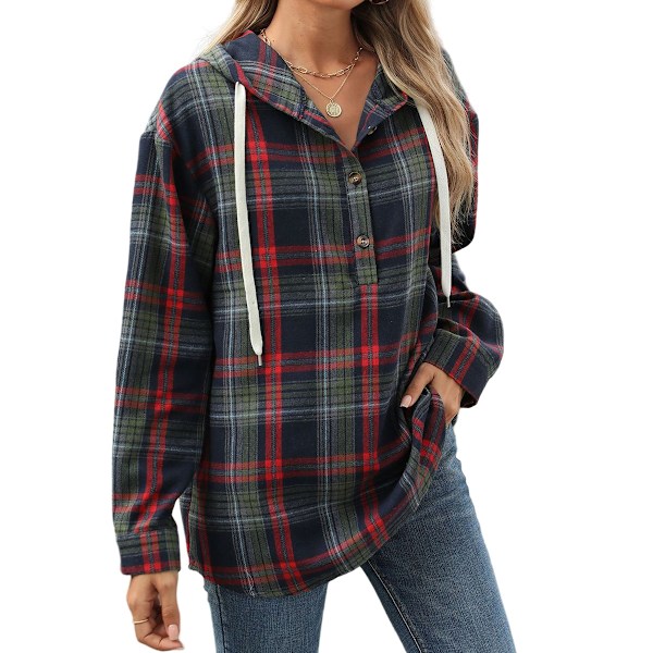 Plaid Hoodies til Kvinder med Knapper, V-udskæring, Løstsiddende, Ensfarvet, Langærmet, Casual, Trøje med Hætte XXL