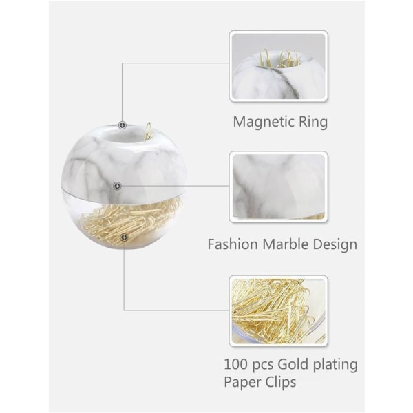 Guld papirclips i elegant magnetisk marmor hvid klipsholder, 2