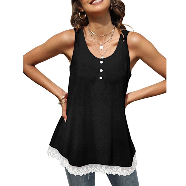 Black M Women Tank Top Scoop Neck Lace Trim Casual Bottoned Loose Hem Pure Color Summer Sleeveless Shirt