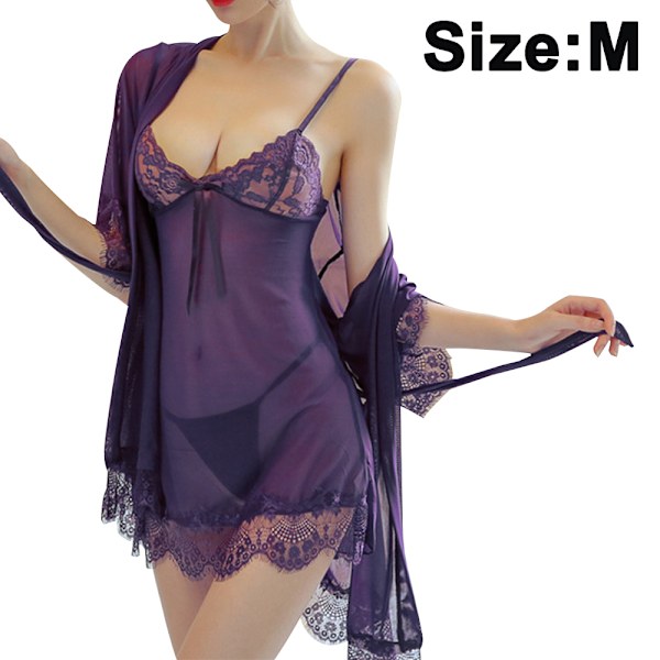 Lace Negligee Lingerie Women Sexy Set Underwear Lingerie with Scarf Temptation Suspenders Sexy Lace Pajamas Nightdress (M, Dark Purple)