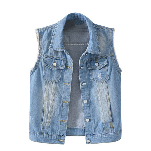 Women's Buttoned Washed Denim Jacket Sleeveless Crop Vest