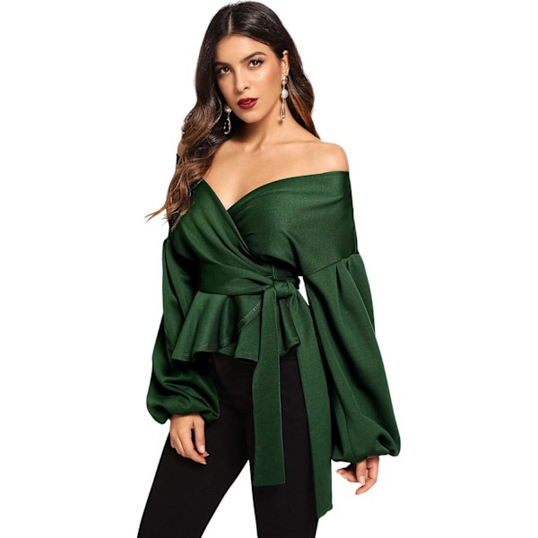 Women's Long Sleeve V Neck Ruffle Blouse Off Shoulder Tie Waist Wrap Tops Green X-Large