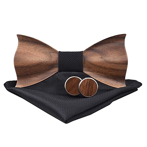 Wooden bow tie men's wooden bow tie classic 3d embossed wooden bow tie set plaid square scarf cufflinks casual solid wood environmental protection set