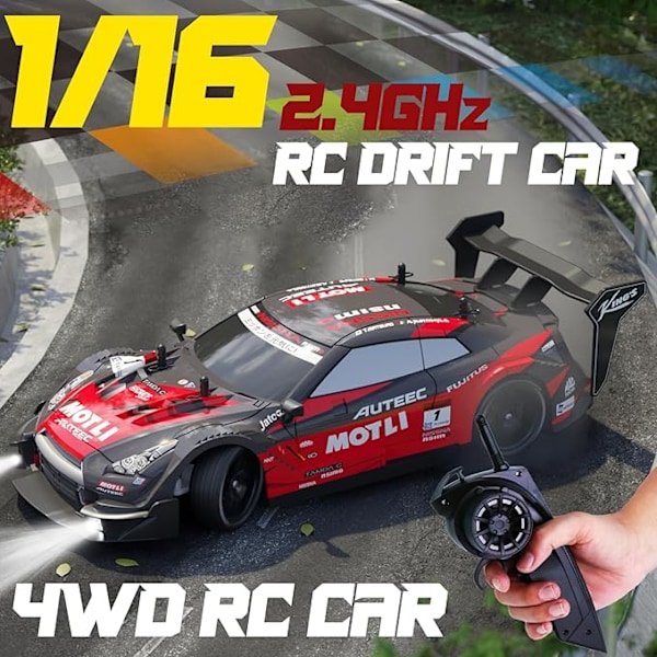 Kaukosäädöllä ohjattava Drift-auto RC 1:16 mittakaavassa 4WD LED-valoilla 2.4GHz 30km/h RTR Nopea kilpa-auto lelu aikuisille pojille tytöille lapsille