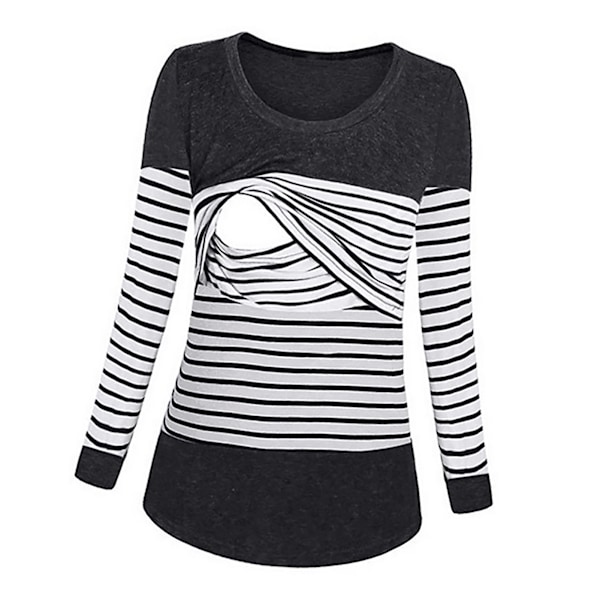 Women's Maternity Shirts Round Neck Long Sleeve Stretchy Nursing Striped Shirts Tops for Quick Breastfeeding Black M