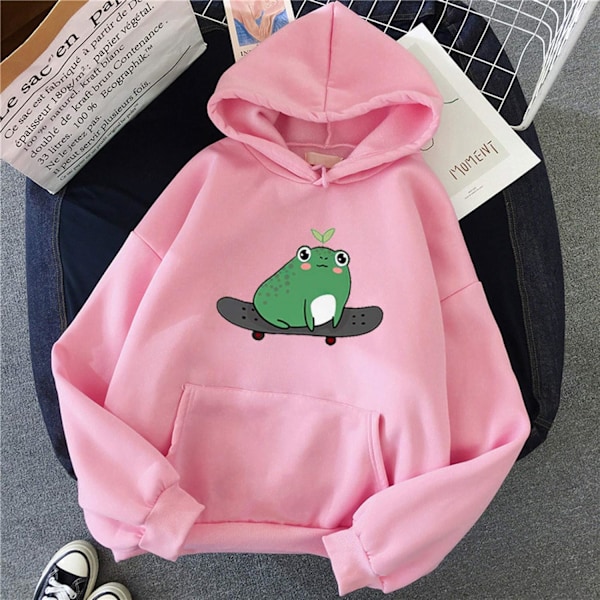 Söt Hoodie för Kvinnor med Skateboard-Groda, Långärmad, Pullover
