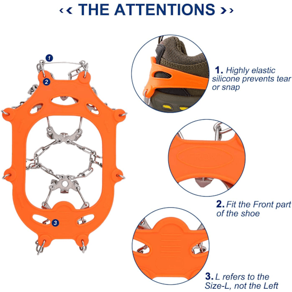 Udendørs Anti-Slip Kramponer 19 Tænder Is og Sne Rustfrit Stål Anti-Slip Oversko Forstærker 19 Tands Is Klatring Tilbehør (Orange, M)