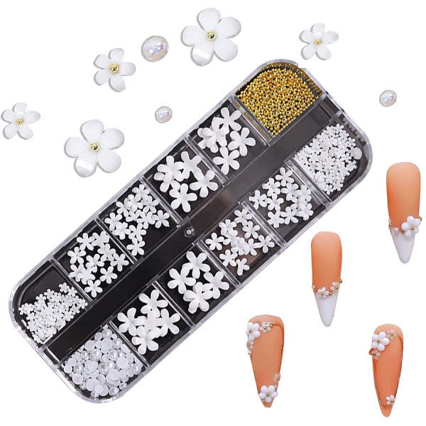 3D Floral Nail Art Charms Sæt Glitter White Flowers Pearl Nail