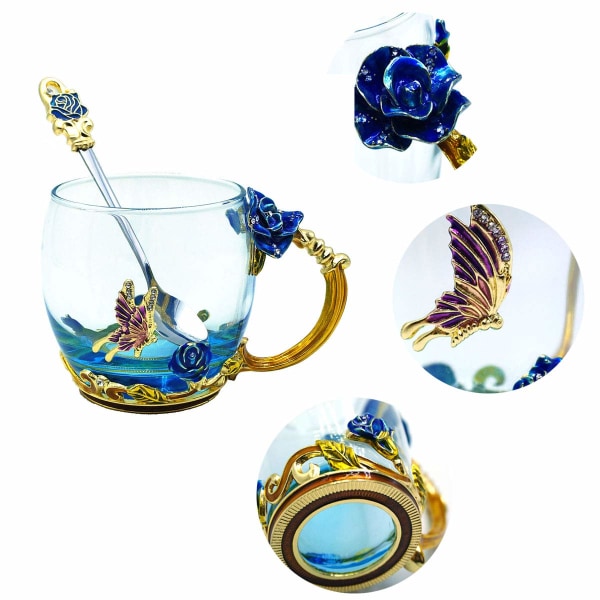 2 stk tekopp i glass, blyfri håndlaget emalje sommerfugl og blå roseblomst tekrus med håndtak, unike personlige bursdagsgaveideer for kvinner